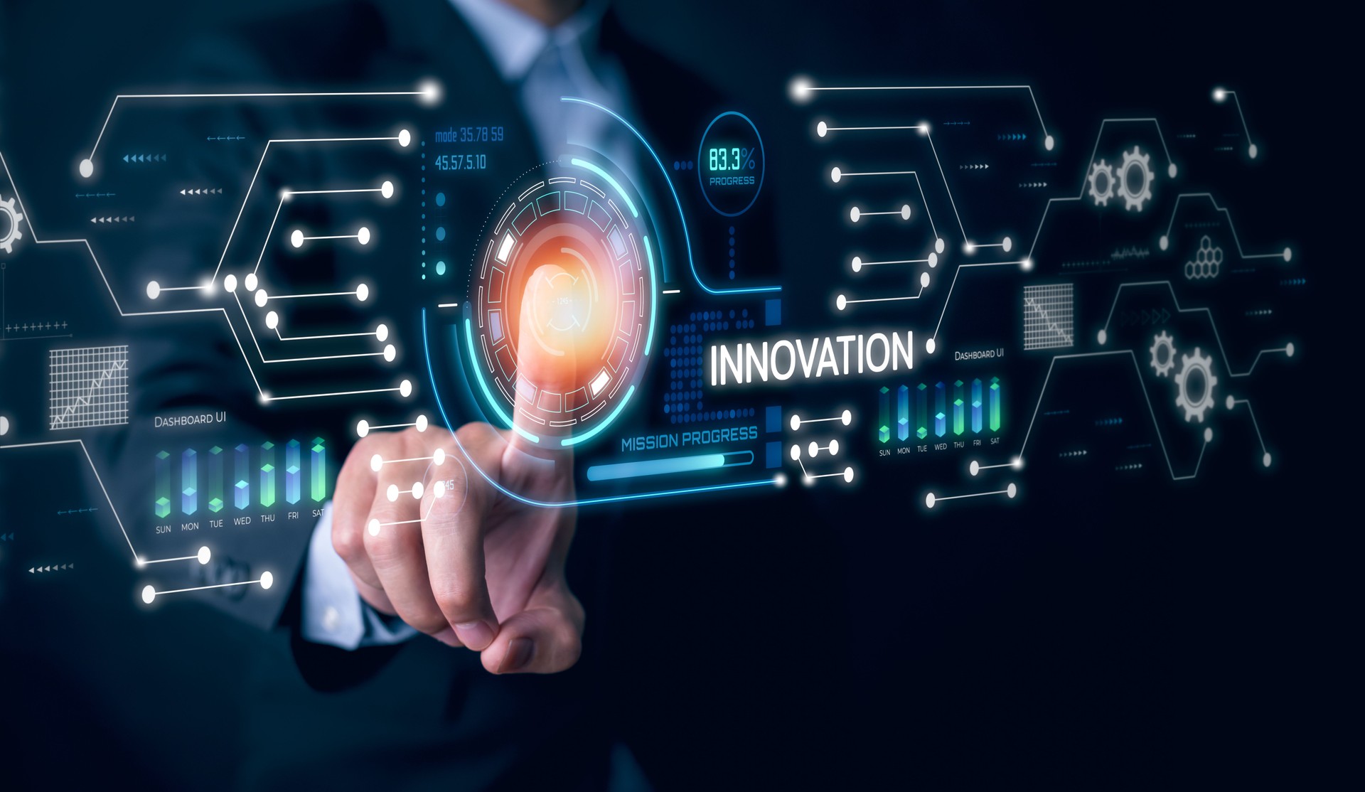 Innovation with Graphical User Interface and big data Concept, business people touch Innovative ideas presented by management consultants on-screen, design, invention development